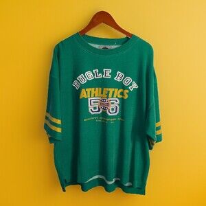 Vintage Bugle Boy Sweatshirt Mens XL Green Short Sleeve Embroidered 80s 90s